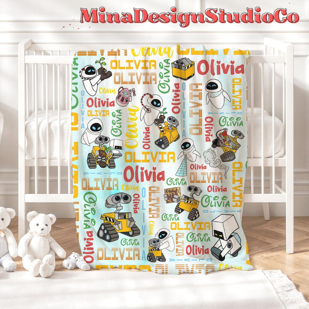Personalized Watercolor Disney WALL E Blanket, Galaxy Robot EVE WALL E Couple Gift, Birthday Boy, Birthday Girl Blanket Family Home Decor