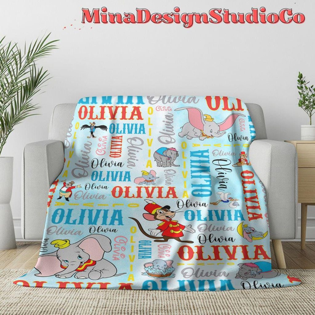 Personalized Watercolor Disney Dumbo Blanket, Cute Dumbo Flying Elephant Birthday Boy Gifts, Birthday Girl Blanket Family Home Decoration