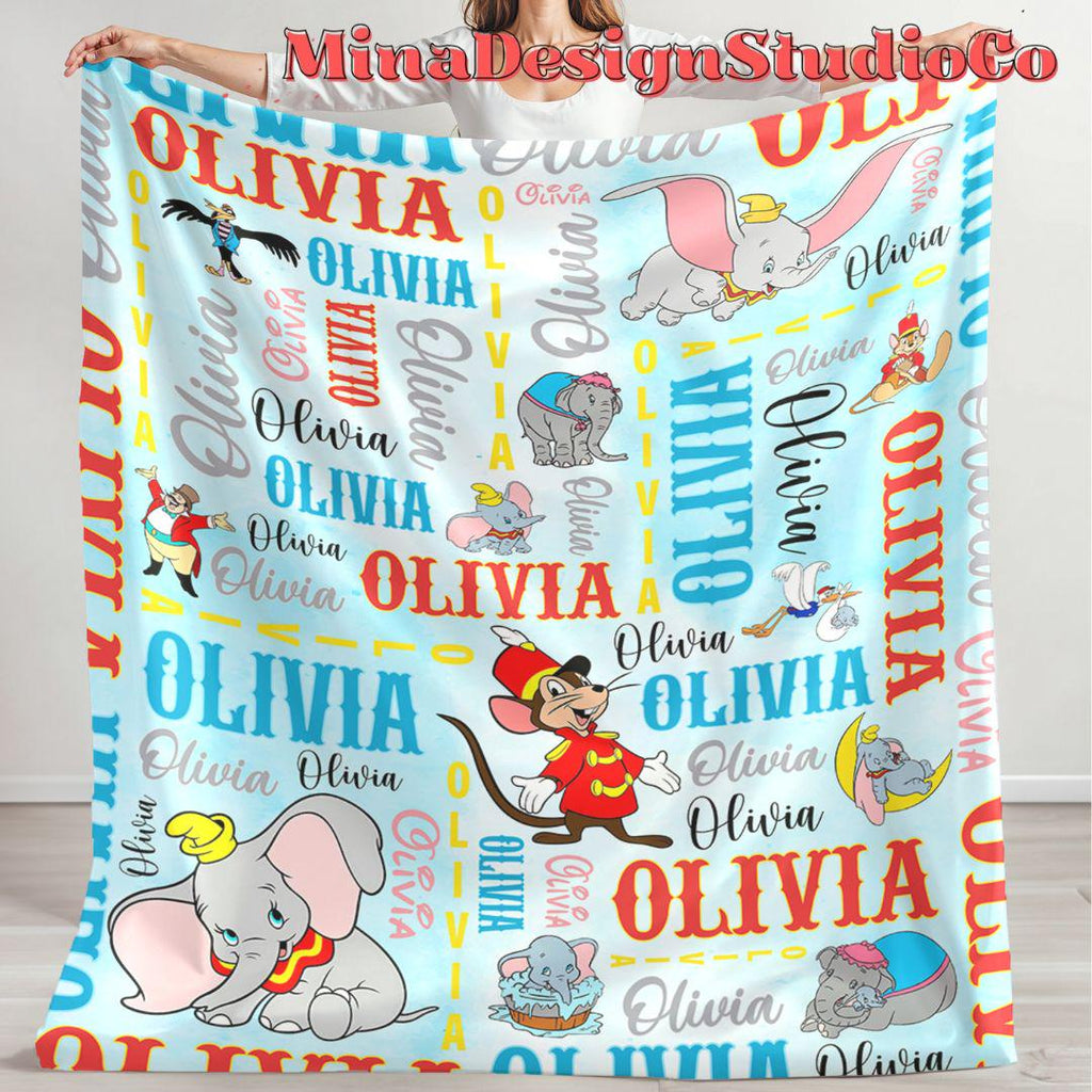 Personalized Watercolor Disney Dumbo Blanket, Cute Dumbo Flying Elephant Birthday Boy Gifts, Birthday Girl Blanket Family Home Decoration