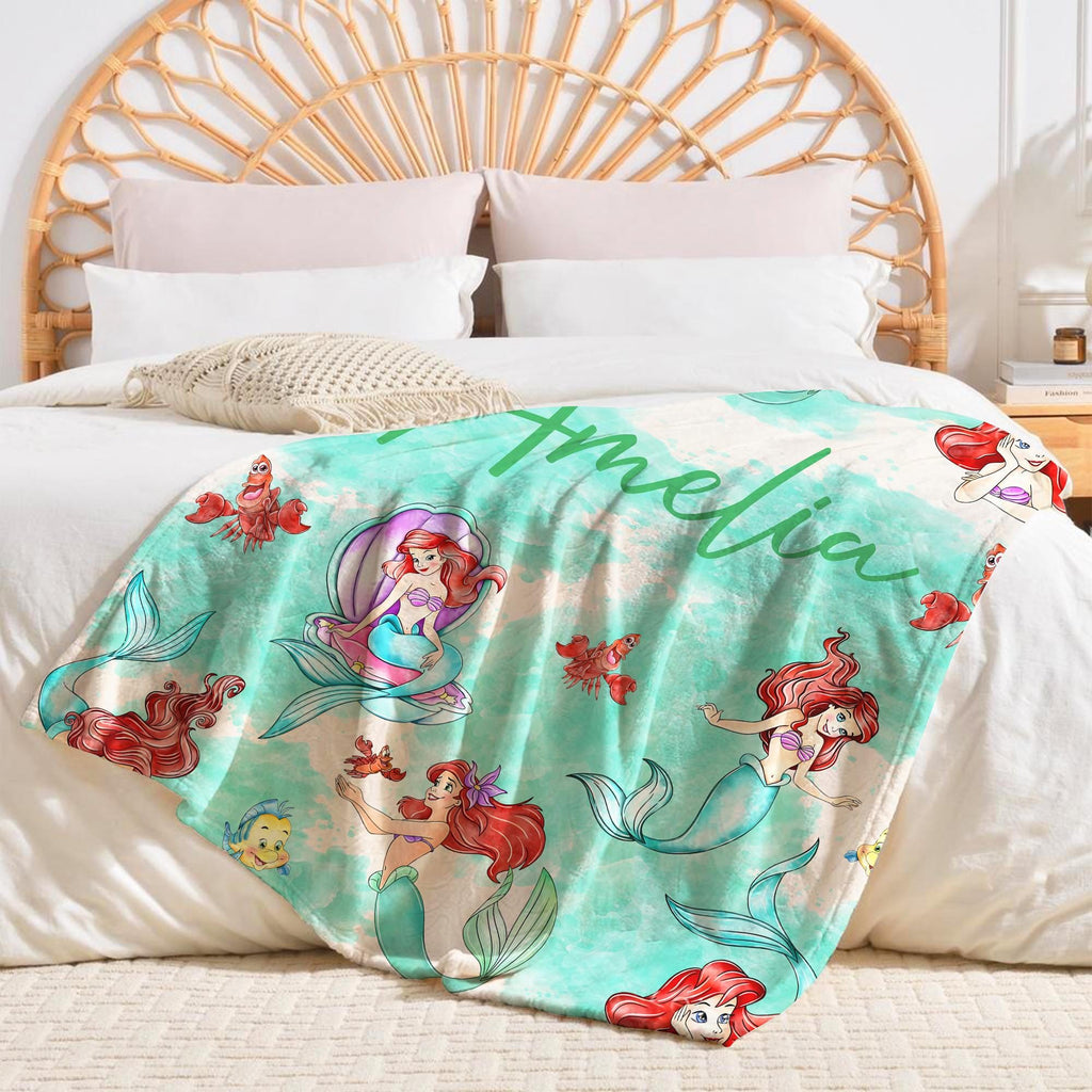 Personalized Little Mermaid Blanket, Custom Name gift, Ariel Princess Blanket, Disney Princess Blankets, Mermaid Throw, Disney Ariel Blanket