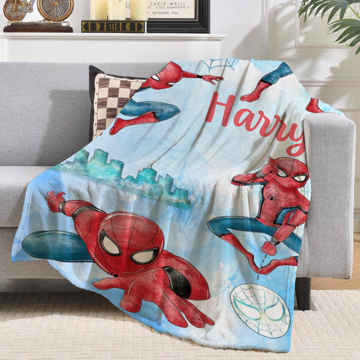Personalized Watercolor Spider-man Blanket, Custom Name Birthday Boy gift, Peter Parker blankets, Spiderman Family Throw, Superhero Blanket