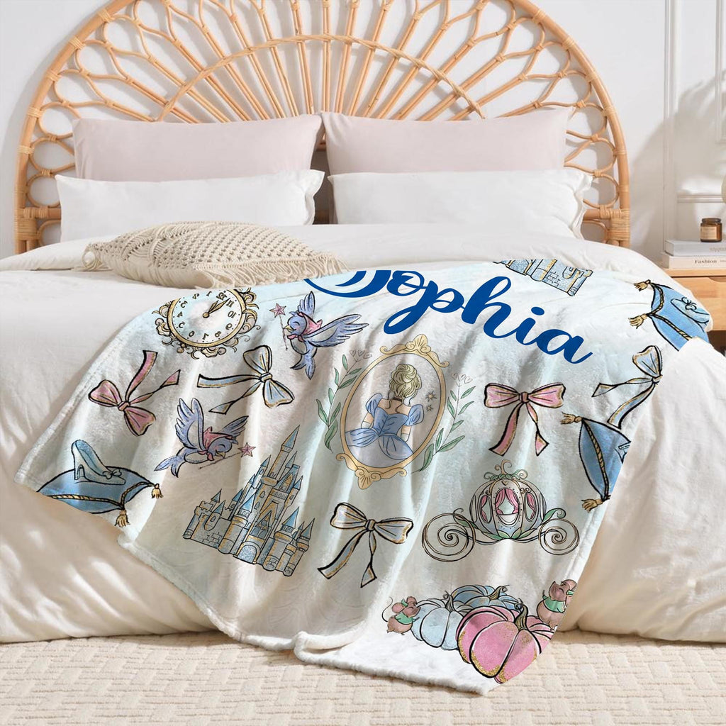 Coquette Princess Cinderella Personalized Blanket, Custom Name gift, Disney Princess Blanket, Cinderella Bows Throw, Bibbidi Bobbidi Boo