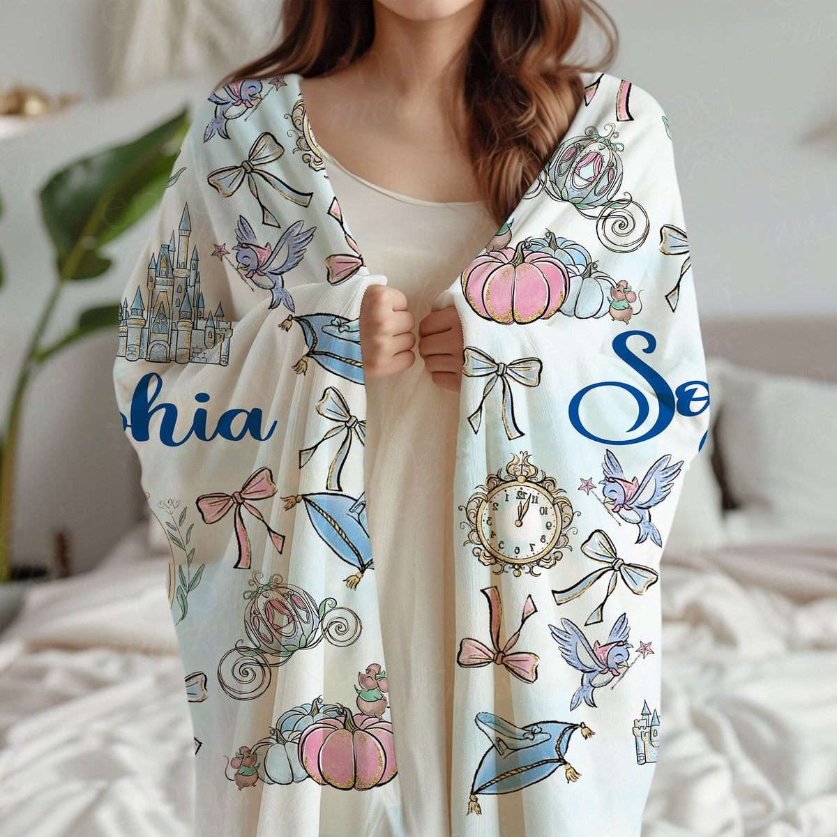 Coquette Princess Cinderella Personalized Blanket, Custom Name gift, Disney Princess Blanket, Cinderella Bows Throw, Bibbidi Bobbidi Boo