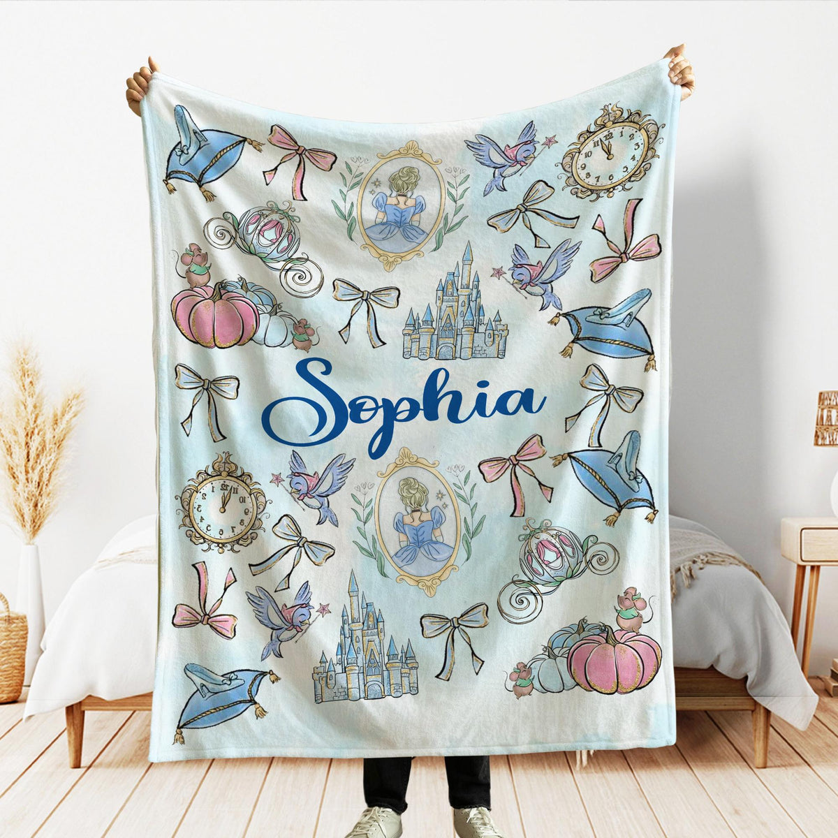 Coquette Princess Cinderella Personalized Blanket, Custom Name gift, Disney Princess Blanket, Cinderella Bows Throw, Bibbidi Bobbidi Boo