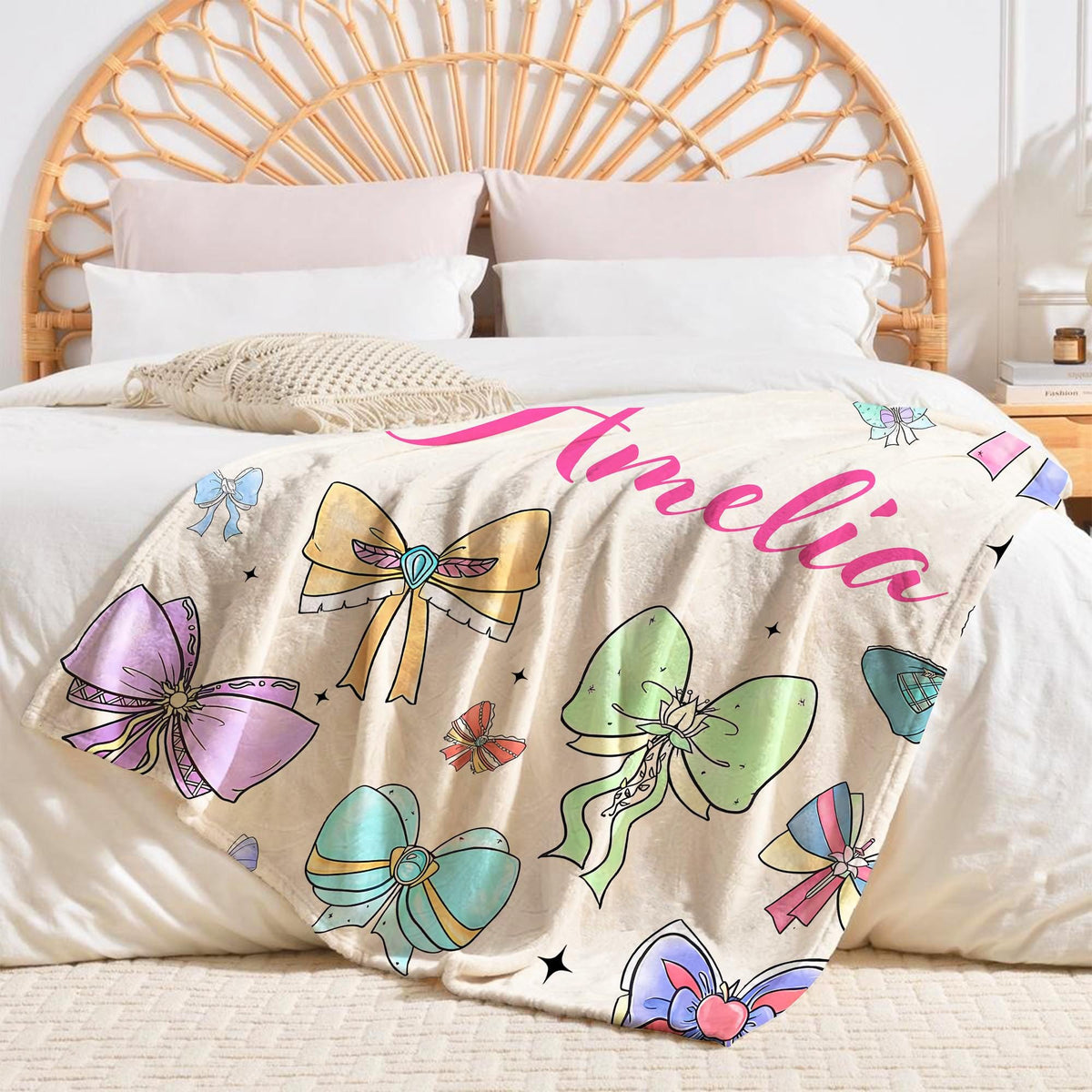 Coquette Princess Personalized Blanket, Custom Name Disney Princess Cute Ribbons And Bows Pastel Colors Blanket, Disney Princess Bow Throw
