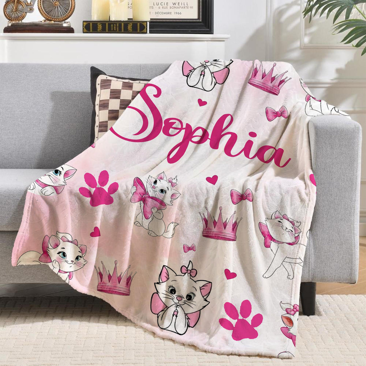 Coquette Marie Aristocats Personalized Blanket, Custom Name Disney Cat Blanket, Disney Bows Blanket, Marie Cat Throw, Birthday Girls Gift