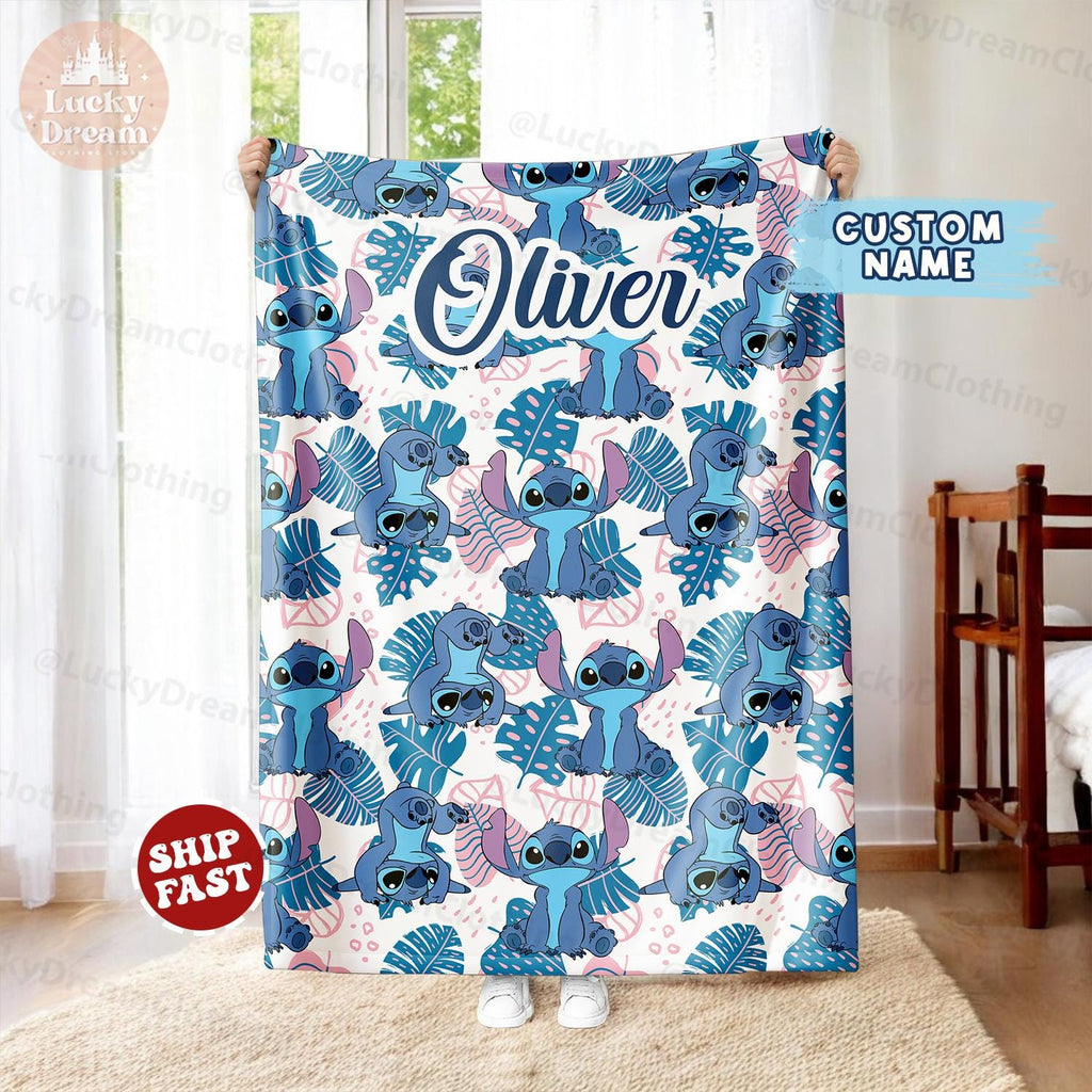 Personalized Lilo Stitch Baby Blanket, Custom Name Stitch Baby Kids Name Blanket, Stitch Blanket, Disney Trip Birthday Gift For Boy Girl