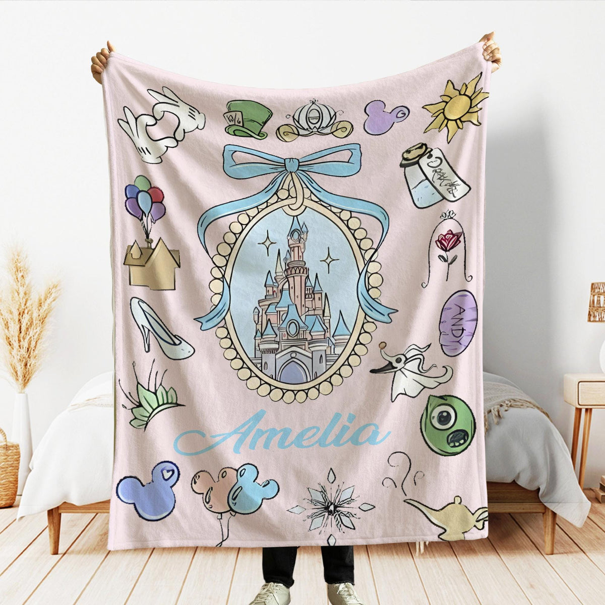 Custom Name Walt Disney Castle Blanket, Coquette Bows Disney Throws, Baby Girl Gifts, Disney Family Castle gift, Magic kingdom Castle Throw