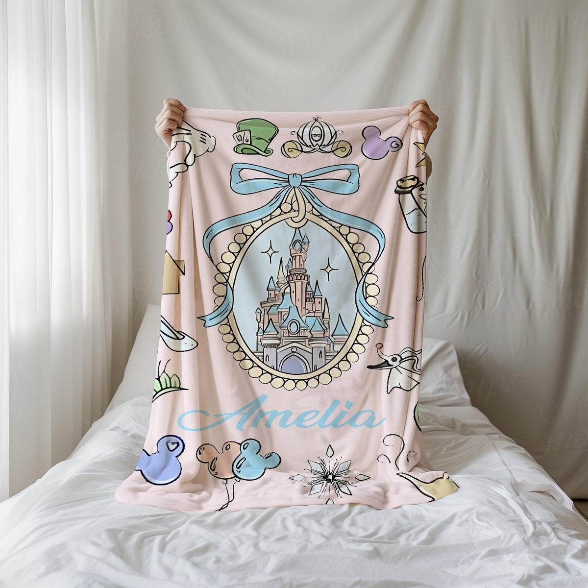 Custom Name Walt Disney Castle Blanket, Coquette Bows Disney Throws, Baby Girl Gifts, Disney Family Castle gift, Magic kingdom Castle Throw