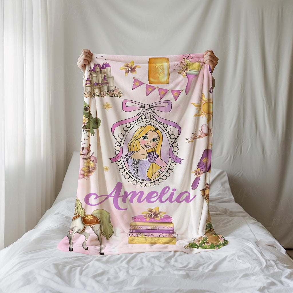 Personalized Coquette Bows Rapunzel Blanket, Watercolor Frame Coquette Bows Disney Princess Shirt, WDW Birthday Girl Blanket, Tangled Throw