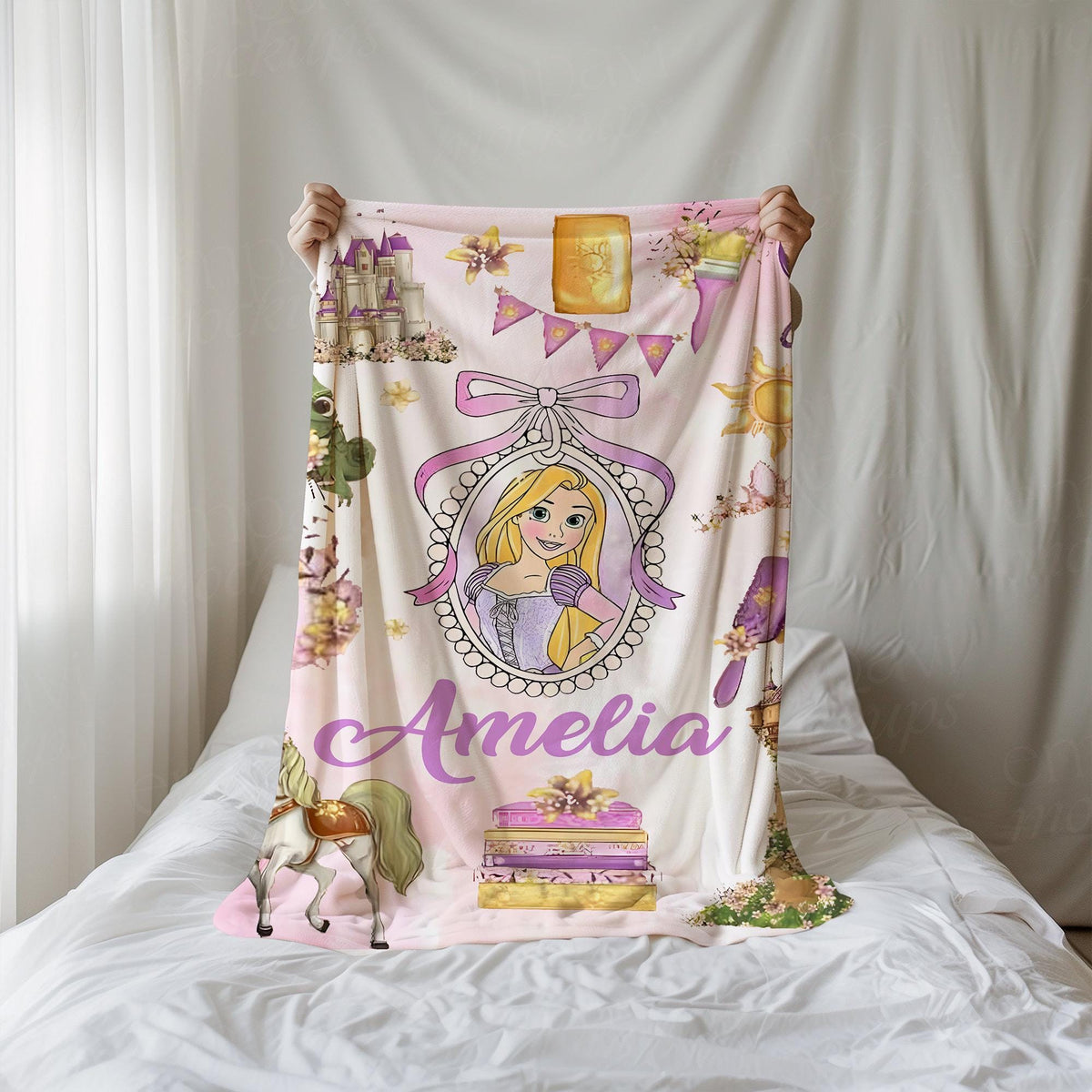 Personalized Coquette Bows Rapunzel Blanket, Watercolor Frame Coquette Bows Disney Princess Shirt, WDW Birthday Girl Blanket, Tangled Throw