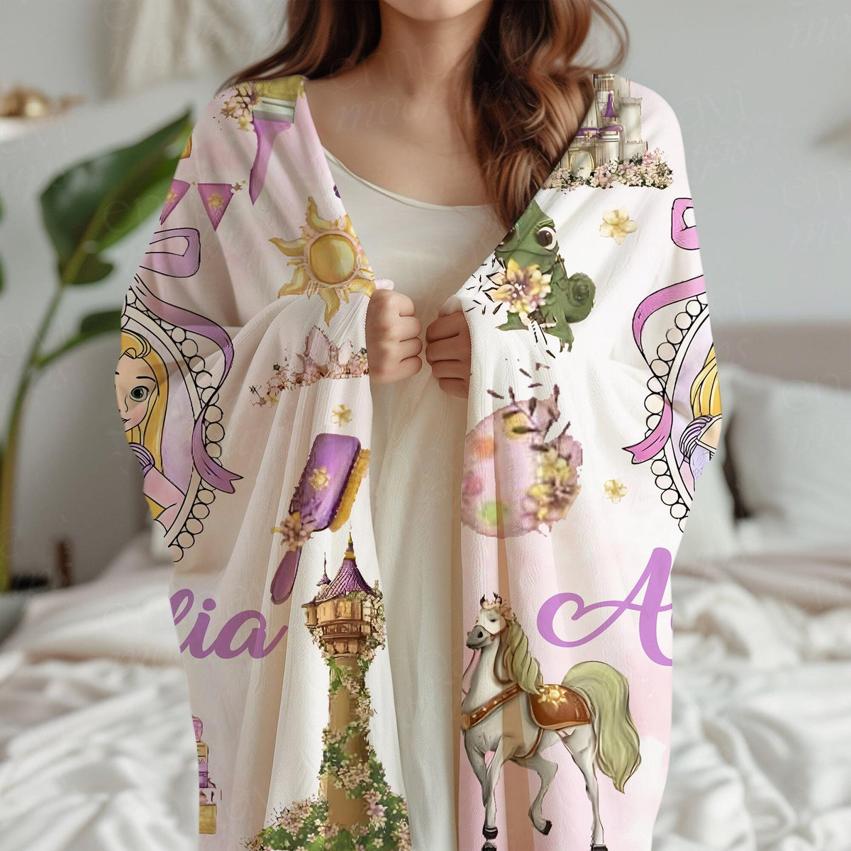 Personalized Coquette Bows Rapunzel Blanket, Watercolor Frame Coquette Bows Disney Princess Shirt, WDW Birthday Girl Blanket, Tangled Throw