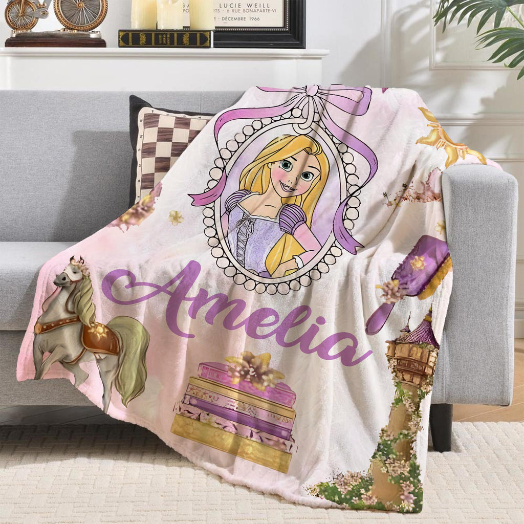 Personalized Coquette Bows Rapunzel Blanket, Watercolor Frame Coquette Bows Disney Princess Shirt, WDW Birthday Girl Blanket, Tangled Throw