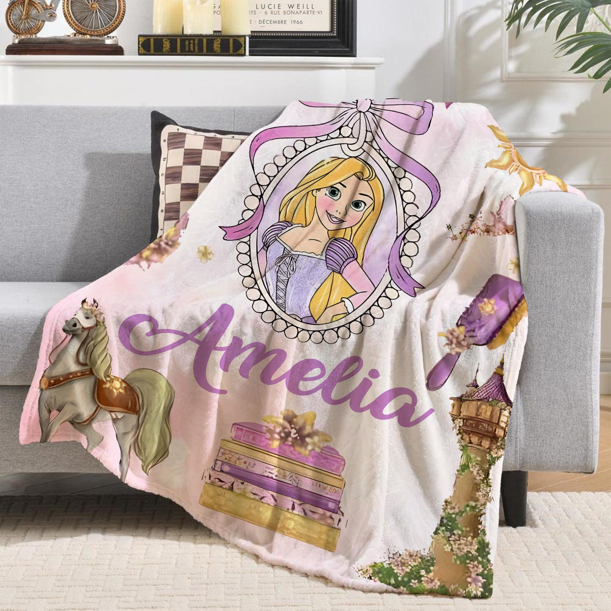Personalized Coquette Bows Rapunzel Blanket, Watercolor Frame Coquette Bows Disney Princess Shirt, WDW Birthday Girl Blanket, Tangled Throw