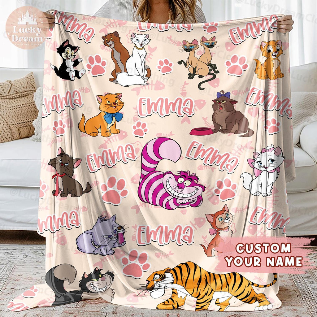 Personalized Disney Cats Character Kitten Blanket, Marie Toulouse Berlioz Figaro Cheshire Cat Lover Birthday Girl, Cat Mom Baby Girl Blanket