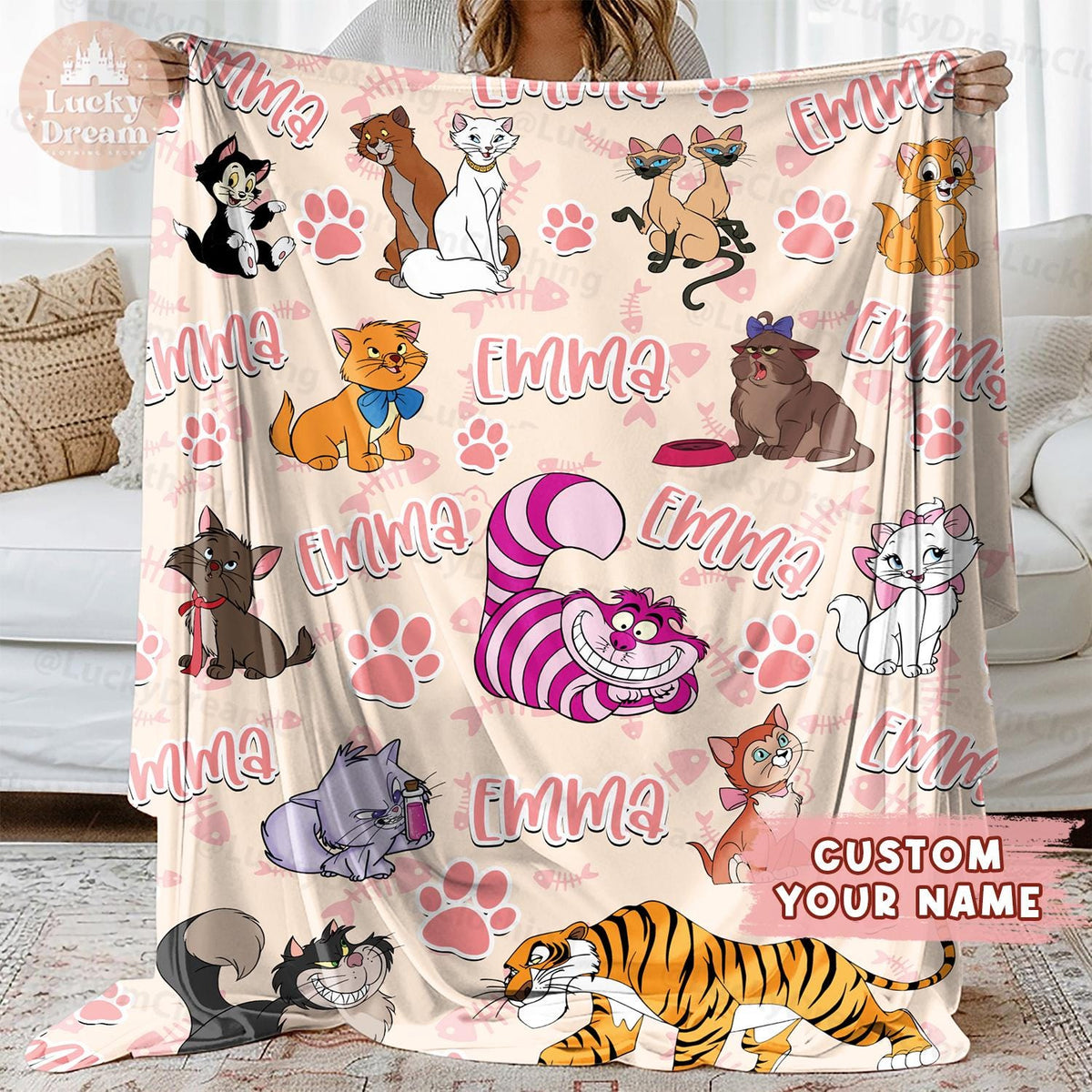 Personalized Disney Cats Character Kitten Blanket, Marie Toulouse Berlioz Figaro Cheshire Cat Lover Birthday Girl, Cat Mom Baby Girl Blanket