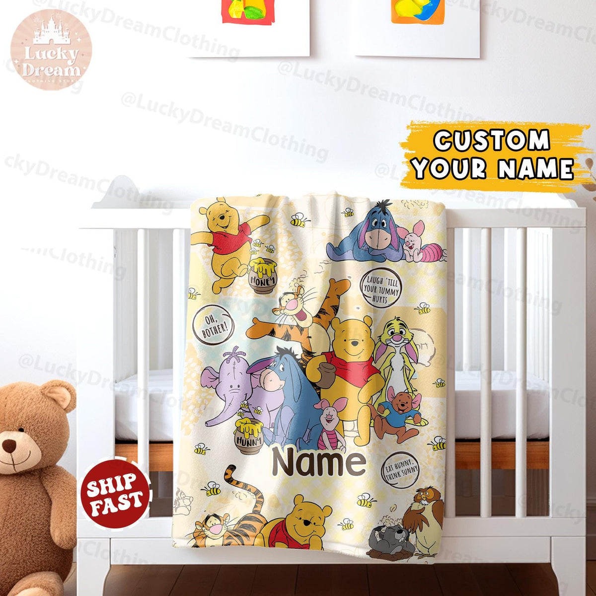 Personalized Watercolor Winnie the Pooh Baby blanket, Pooh Bear and friends blanket, Birthday gift for her/him From Mom, Kids Adults blanket