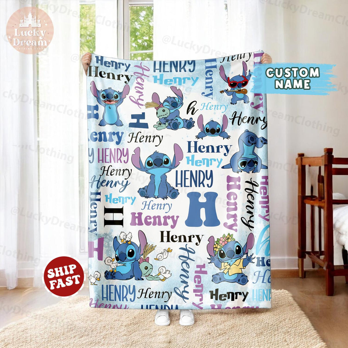 Personalized Lilo Stitch Baby Blanket, Custom Name Stitch Baby Kids Name Blanket, Stitch Blanket, Disney Trip Birthday Gift For Boy Girl