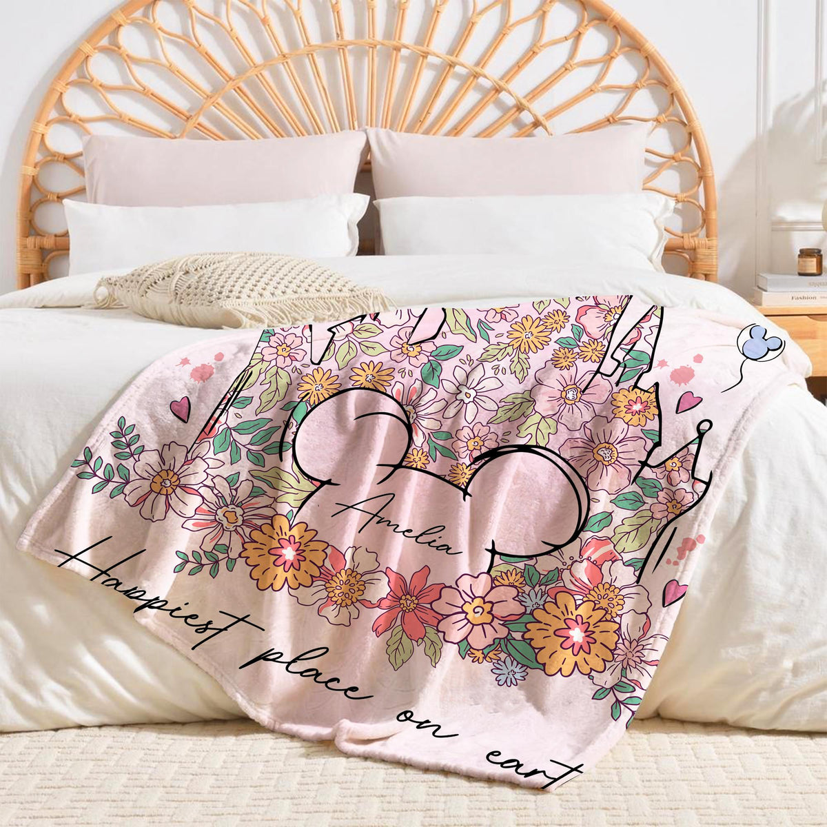 Personalized Happiest Place on Earth Blanket, Magic Kingdom Blanket, Disney Castle Floral Blanket, Birthday Girl Gifts, Magical Kingdom