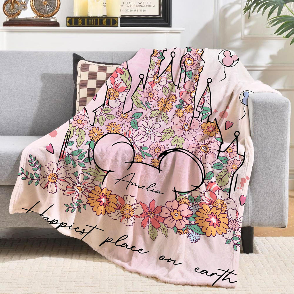 Personalized Happiest Place on Earth Blanket, Magic Kingdom Blanket, Disney Castle Floral Blanket, Birthday Girl Gifts, Magical Kingdom