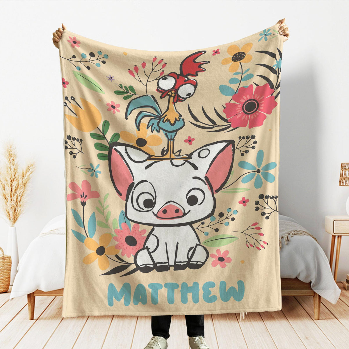 Personalized Moana Blankets, Pua And Hei Hei Blanket, Floral Moana Blanket, Pua Blanket, Birthday Boy Girl Gifts, Kids Name Blanket