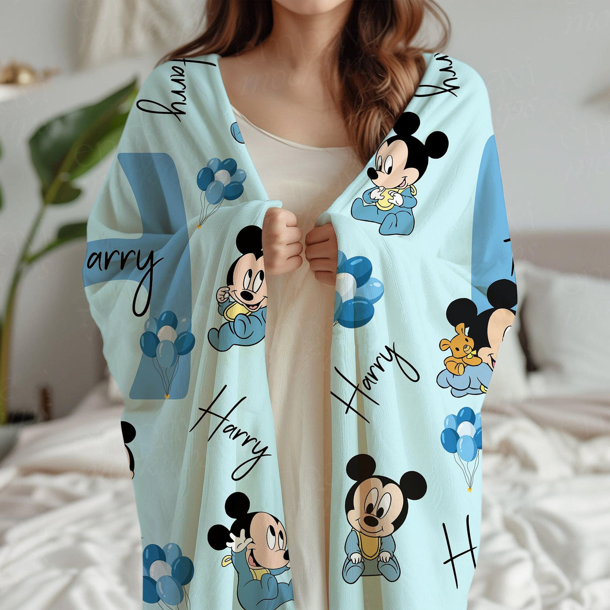 Personalized Baby Mickey Blanket, Custom Name Mikey Blanket, Mickey Mouse Blankets, Nursery Blanket, Blue Gender Neutral, Baby Shower Gift