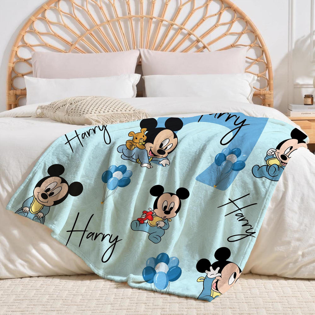Personalized Baby Mickey Blanket, Custom Name Mikey Blanket, Mickey Mouse Blankets, Nursery Blanket, Blue Gender Neutral, Baby Shower Gift