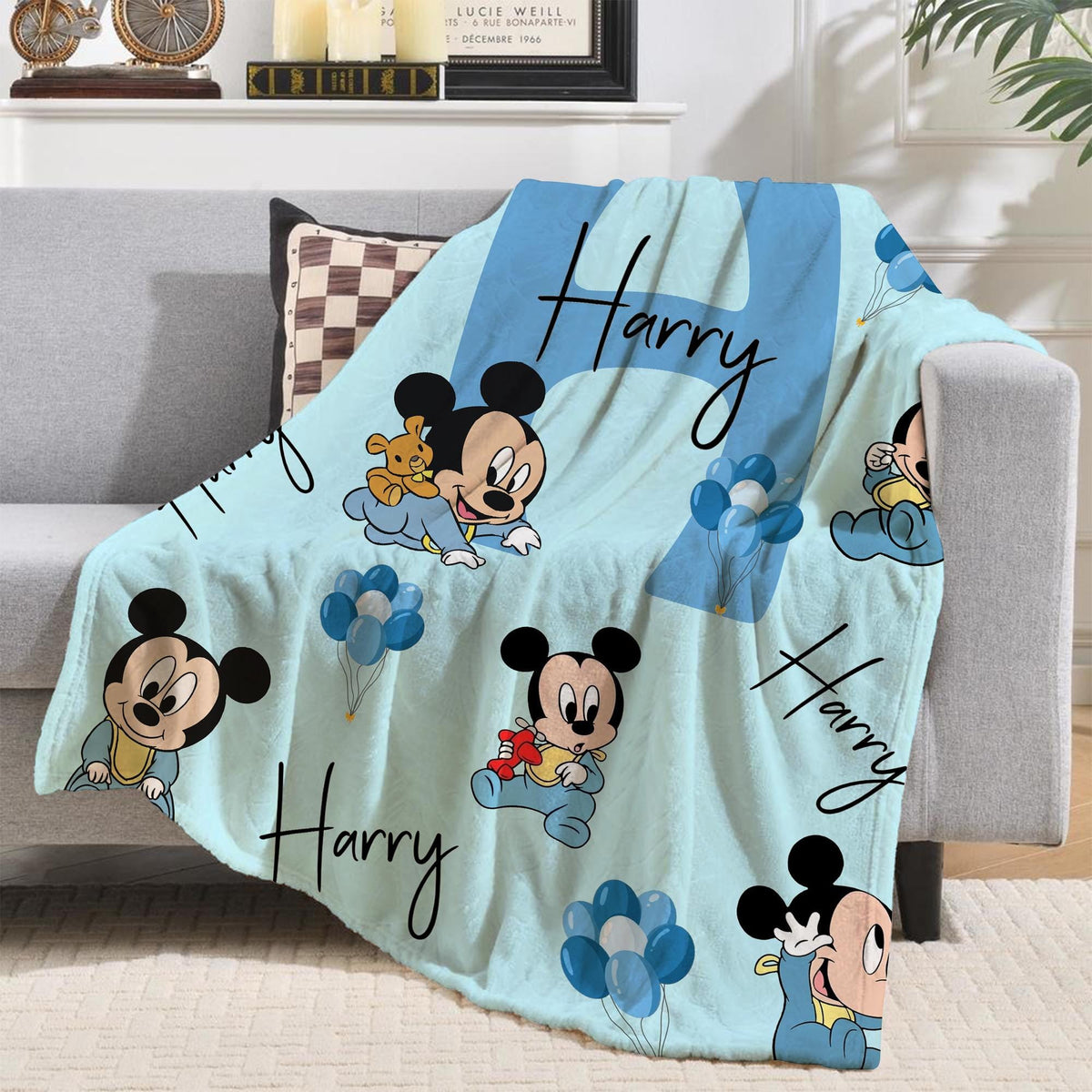 Personalized Baby Mickey Blanket, Custom Name Mikey Blanket, Mickey Mouse Blankets, Nursery Blanket, Blue Gender Neutral, Baby Shower Gift