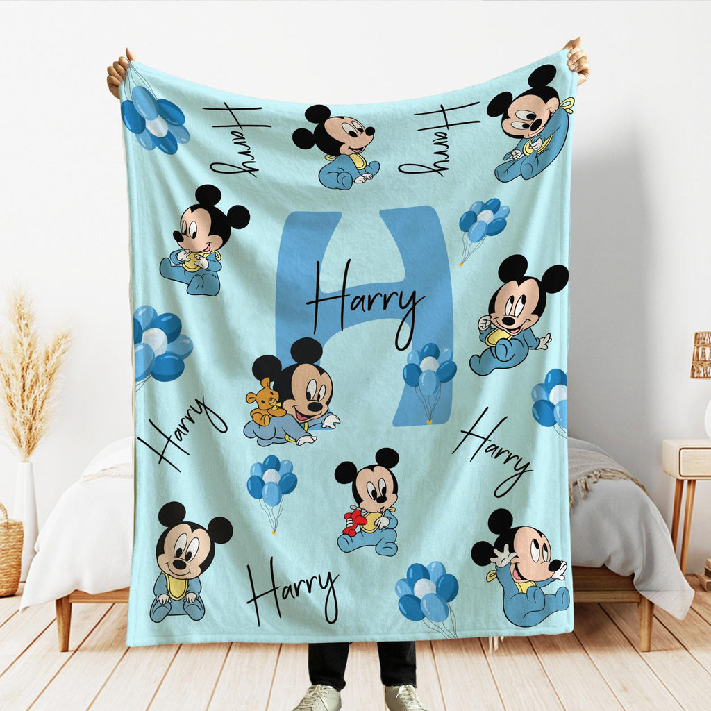 Personalized Baby Mickey Blanket, Custom Name Mikey Blanket, Mickey Mouse Blankets, Nursery Blanket, Blue Gender Neutral, Baby Shower Gift