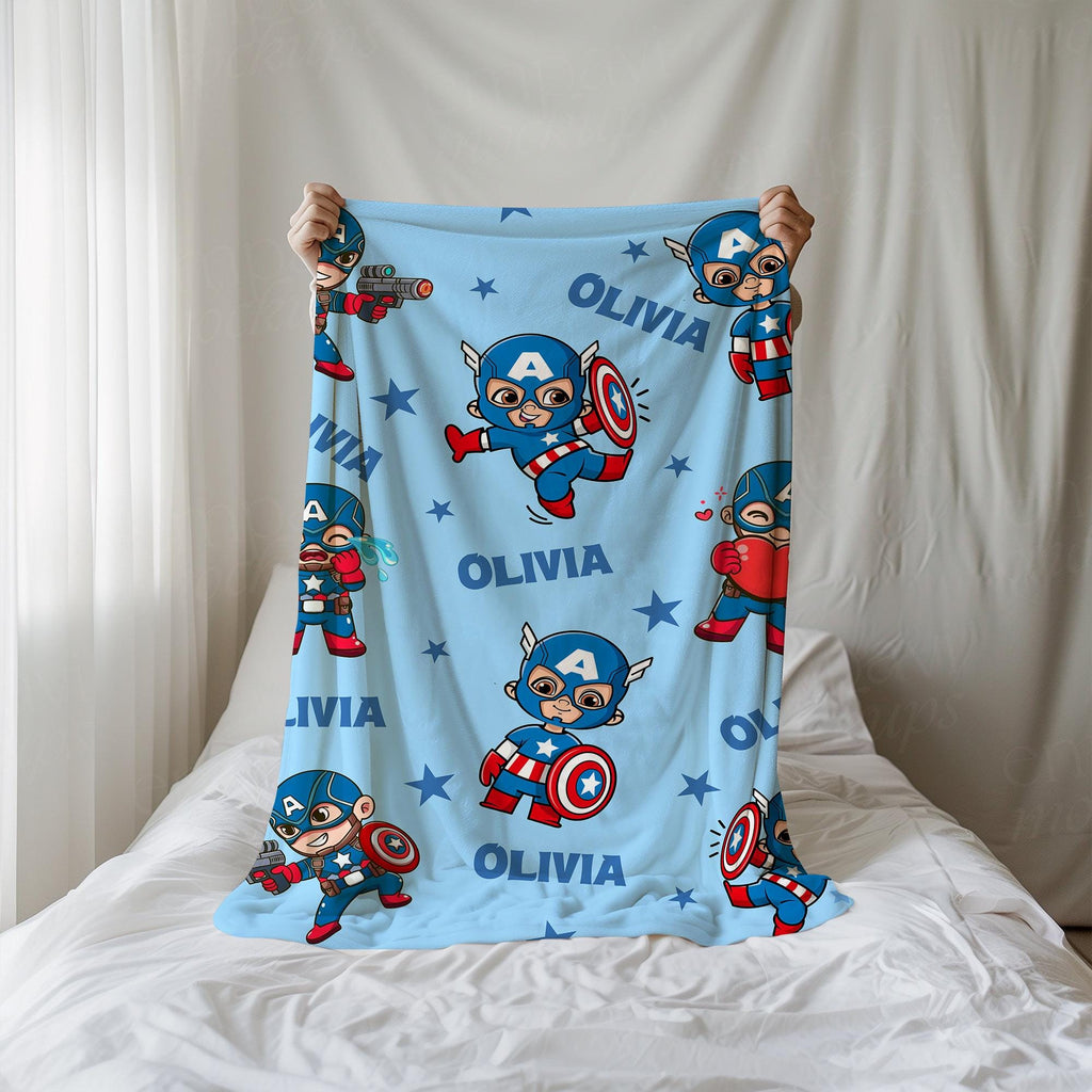 Captain America Personalized Blanket, Marvel Avengers Blanket, Custom Name Throw, Superhero Blanket, Birthday Boys, Captain America Throw