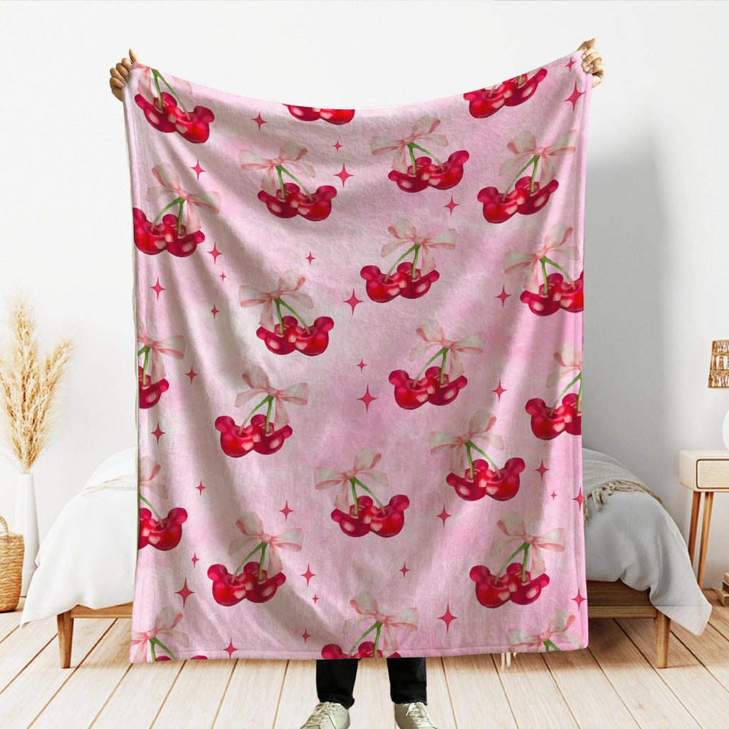 Coquette Bow Mickey Cherry Blanket, Cherries Mouse Blanket, WDW Disneyland Birthday Girls Blanket, Girly aesthetic Throw, Gift For Her