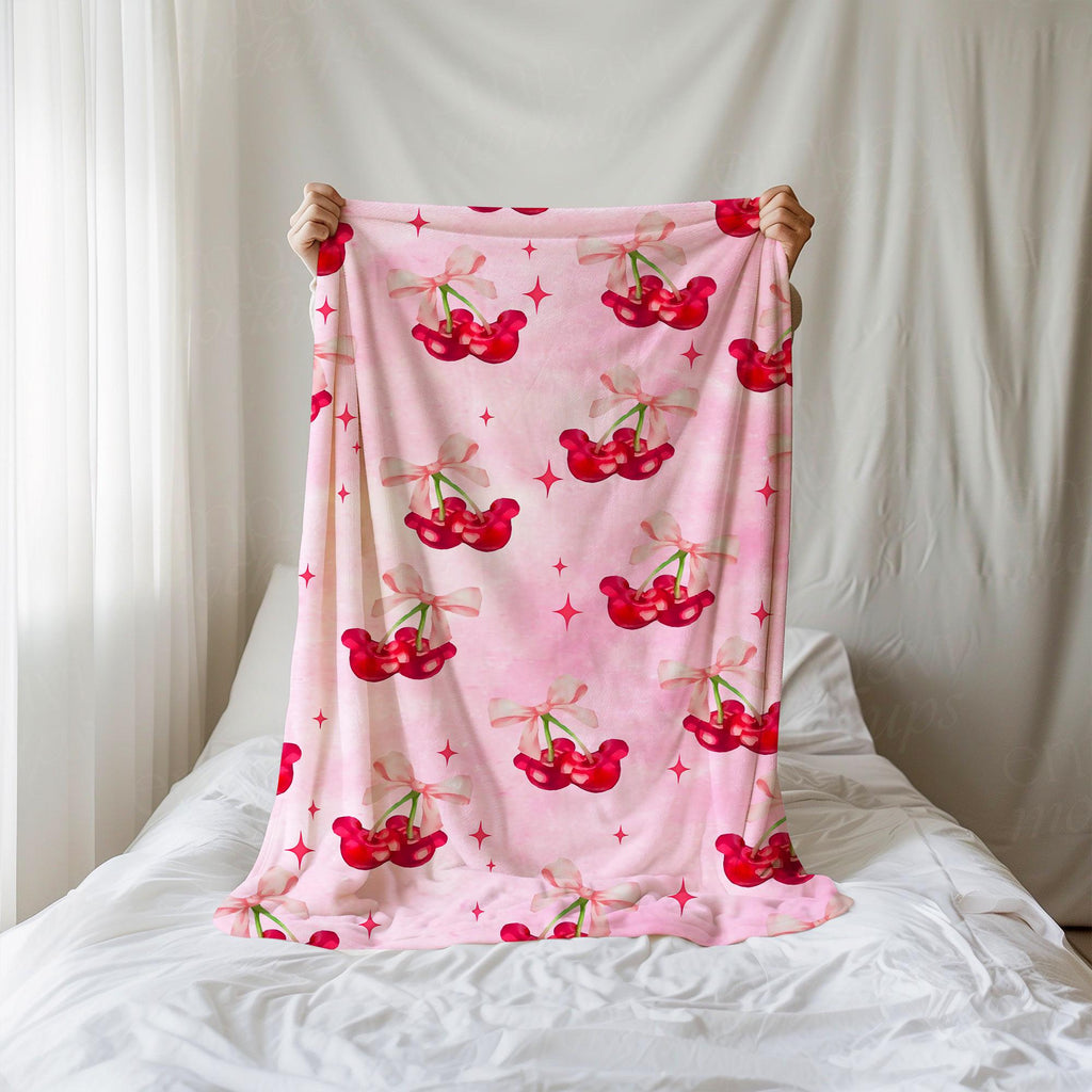 Coquette Bow Mickey Cherry Blanket, Cherries Mouse Blanket, WDW Disneyland Birthday Girls Blanket, Girly aesthetic Throw, Gift For Her