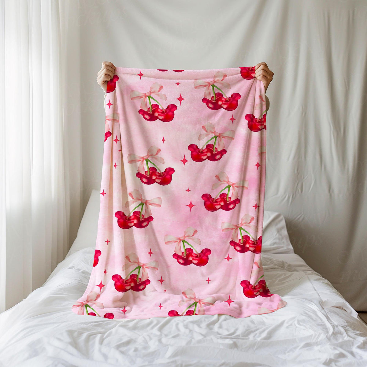 Coquette Bow Mickey Cherry Blanket, Cherries Mouse Blanket, WDW Disneyland Birthday Girls Blanket, Girly aesthetic Throw, Gift For Her