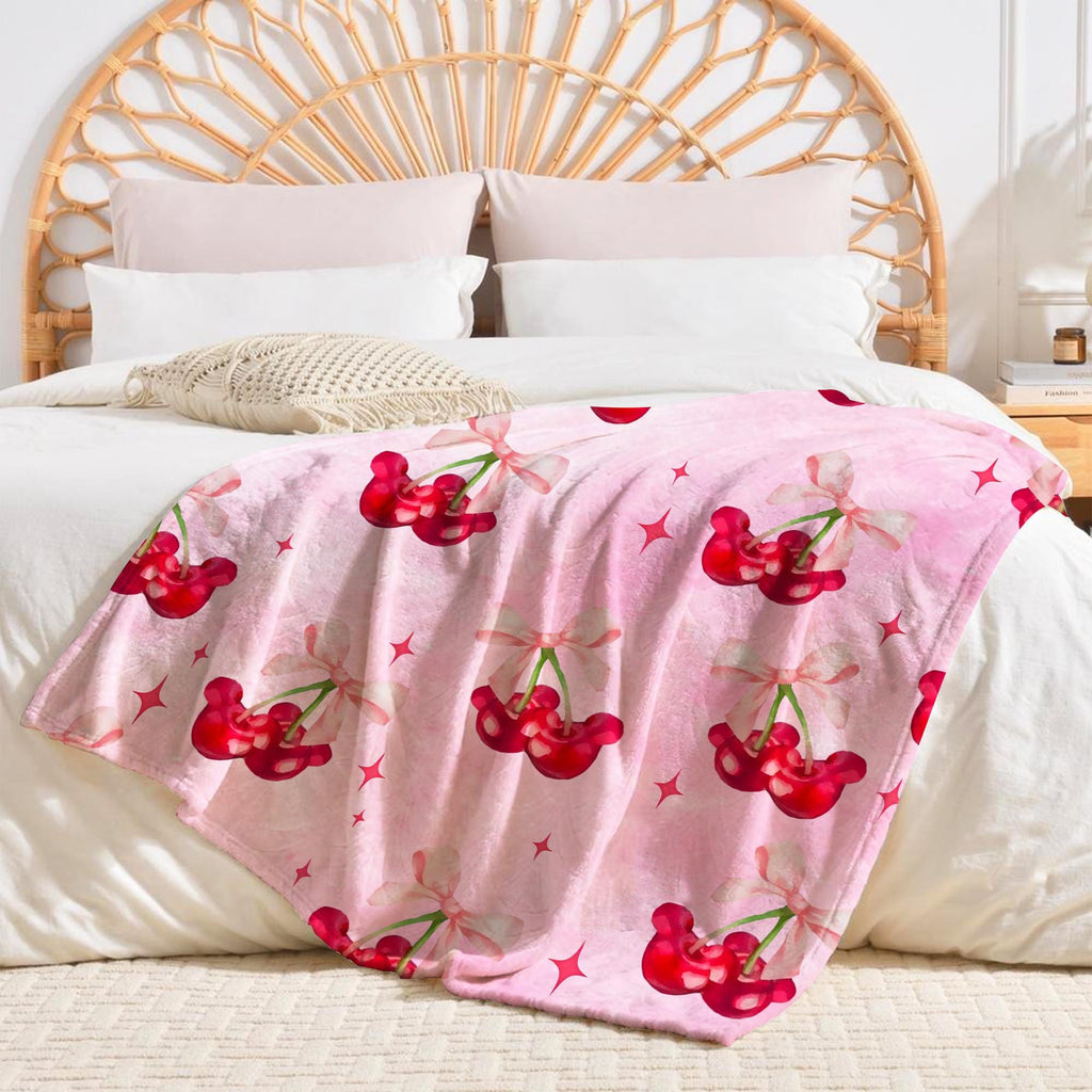 Coquette Bow Mickey Cherry Blanket, Cherries Mouse Blanket, WDW Disneyland Birthday Girls Blanket, Girly aesthetic Throw, Gift For Her