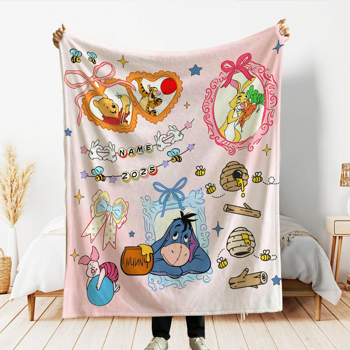 Personalized Coquette Bow Pooh & friends Blanket, Pooh Mirror Coquette Bows throw, Disneyland Birthday Girl Blanket, Girly aesthetic Blanket