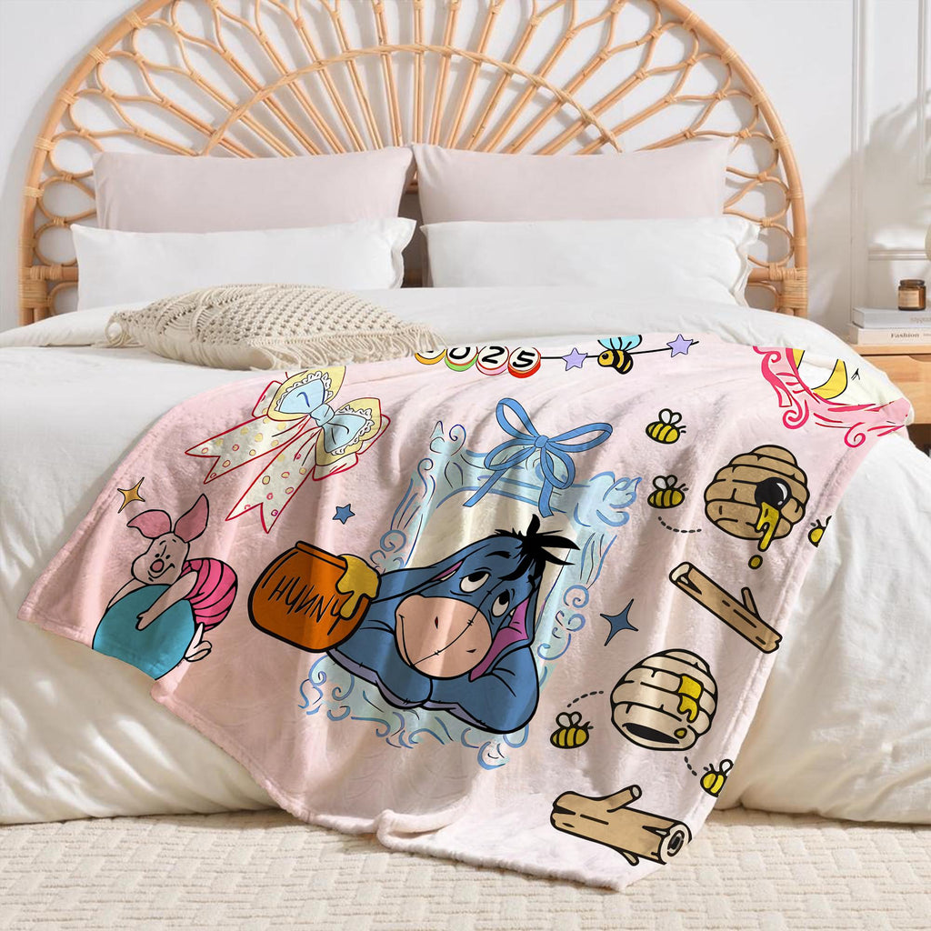 Personalized Coquette Bow Pooh & friends Blanket, Pooh Mirror Coquette Bows throw, Disneyland Birthday Girl Blanket, Girly aesthetic Blanket