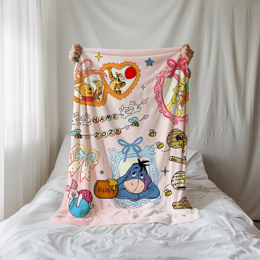 Personalized Coquette Bow Pooh & friends Blanket, Pooh Mirror Coquette Bows throw, Disneyland Birthday Girl Blanket, Girly aesthetic Blanket