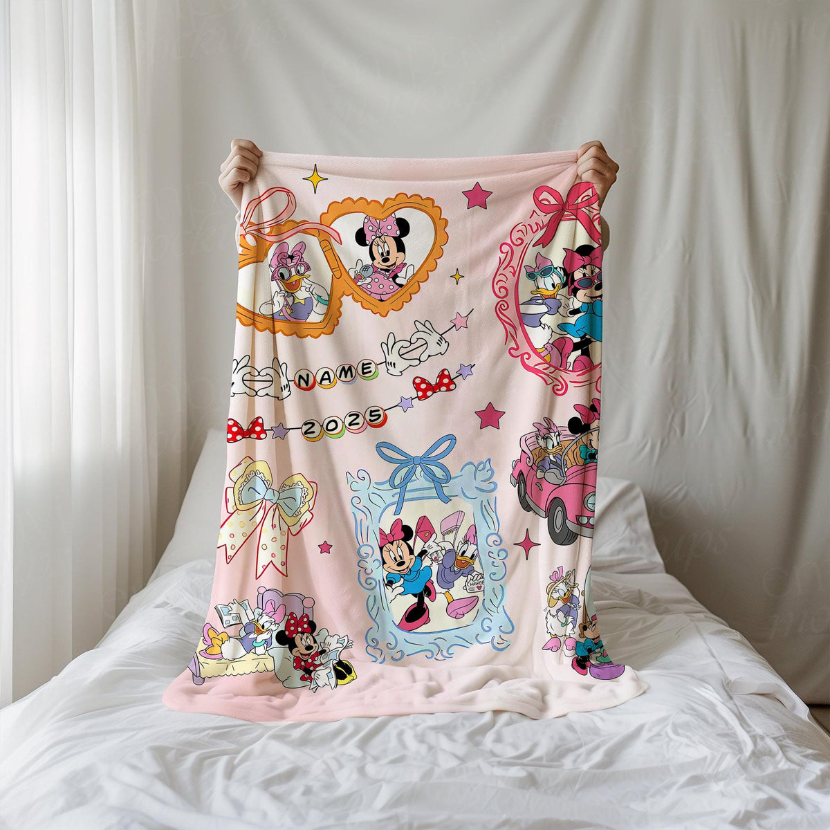 Personalized Minnie And Daisy Coquette Bow Blanket, WDW Disneyland Girls Throw, Daisy Duck And Minnie Mouse Blanket, Disney Besties gift