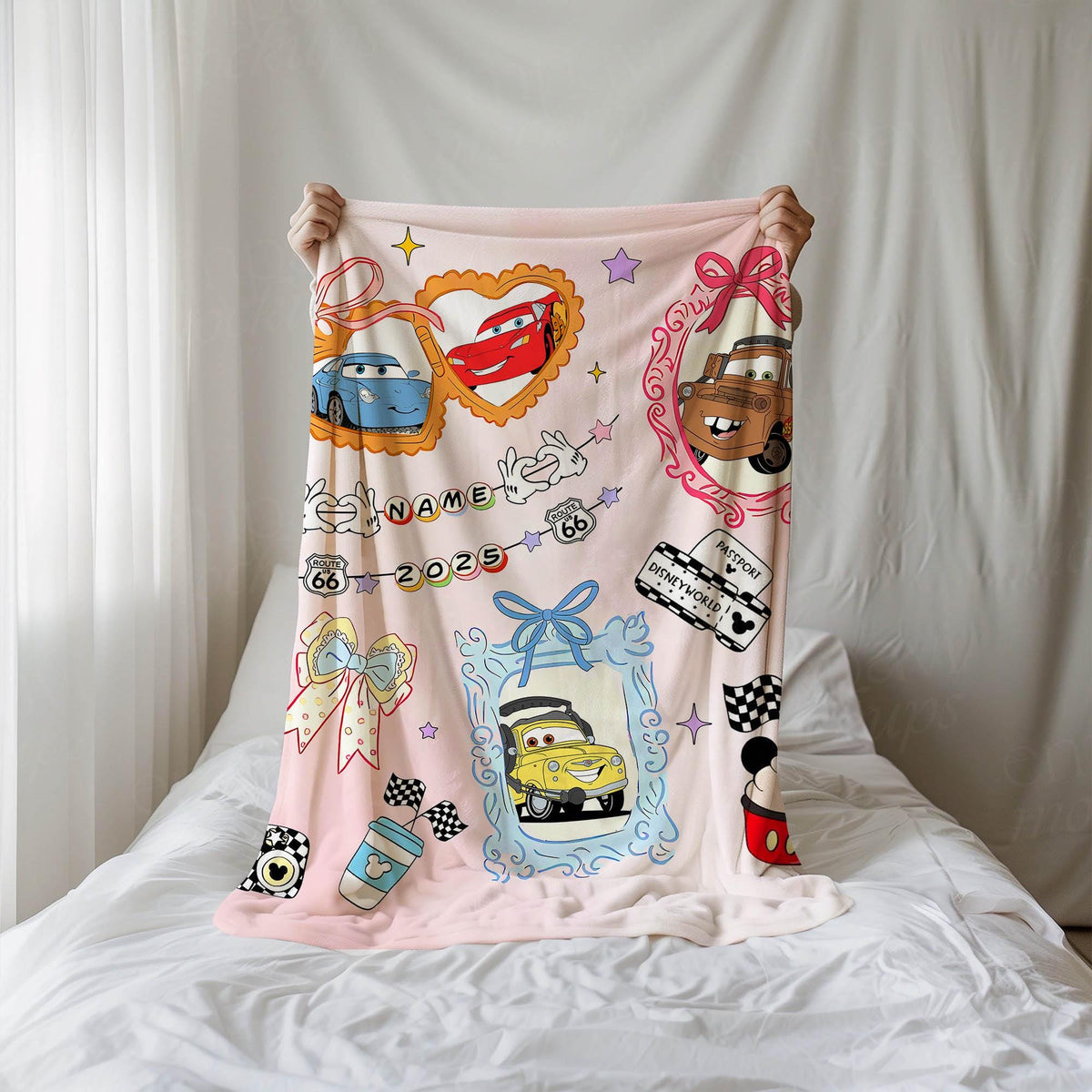Custom Disney Cars Mirror Coquette Bows Blanket, Coquette Bows Disney Throw, WDW Disneyland Girls Blanket, McQueen Pixar Cars Blankets