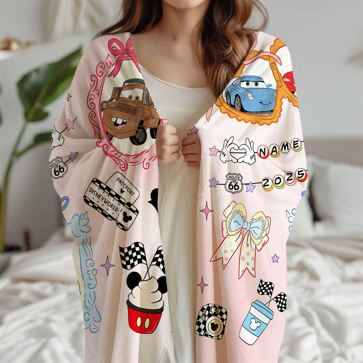 Custom Disney Cars Mirror Coquette Bows Blanket, Coquette Bows Disney Throw, WDW Disneyland Girls Blanket, McQueen Pixar Cars Blankets
