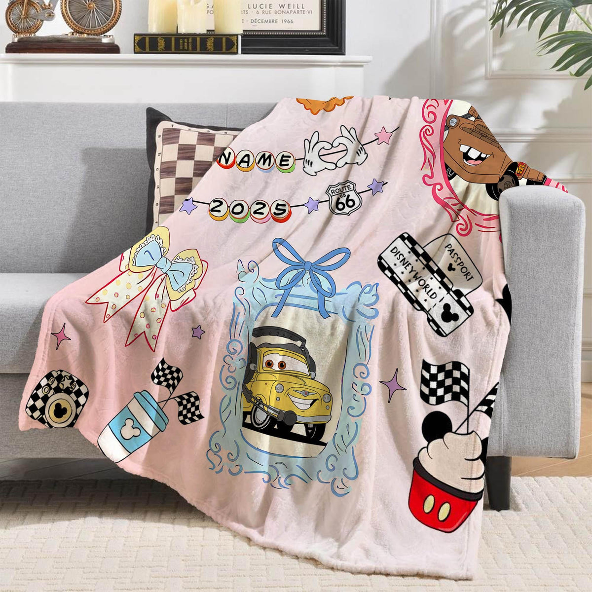 Custom Disney Cars Mirror Coquette Bows Blanket, Coquette Bows Disney Throw, WDW Disneyland Girls Blanket, McQueen Pixar Cars Blankets