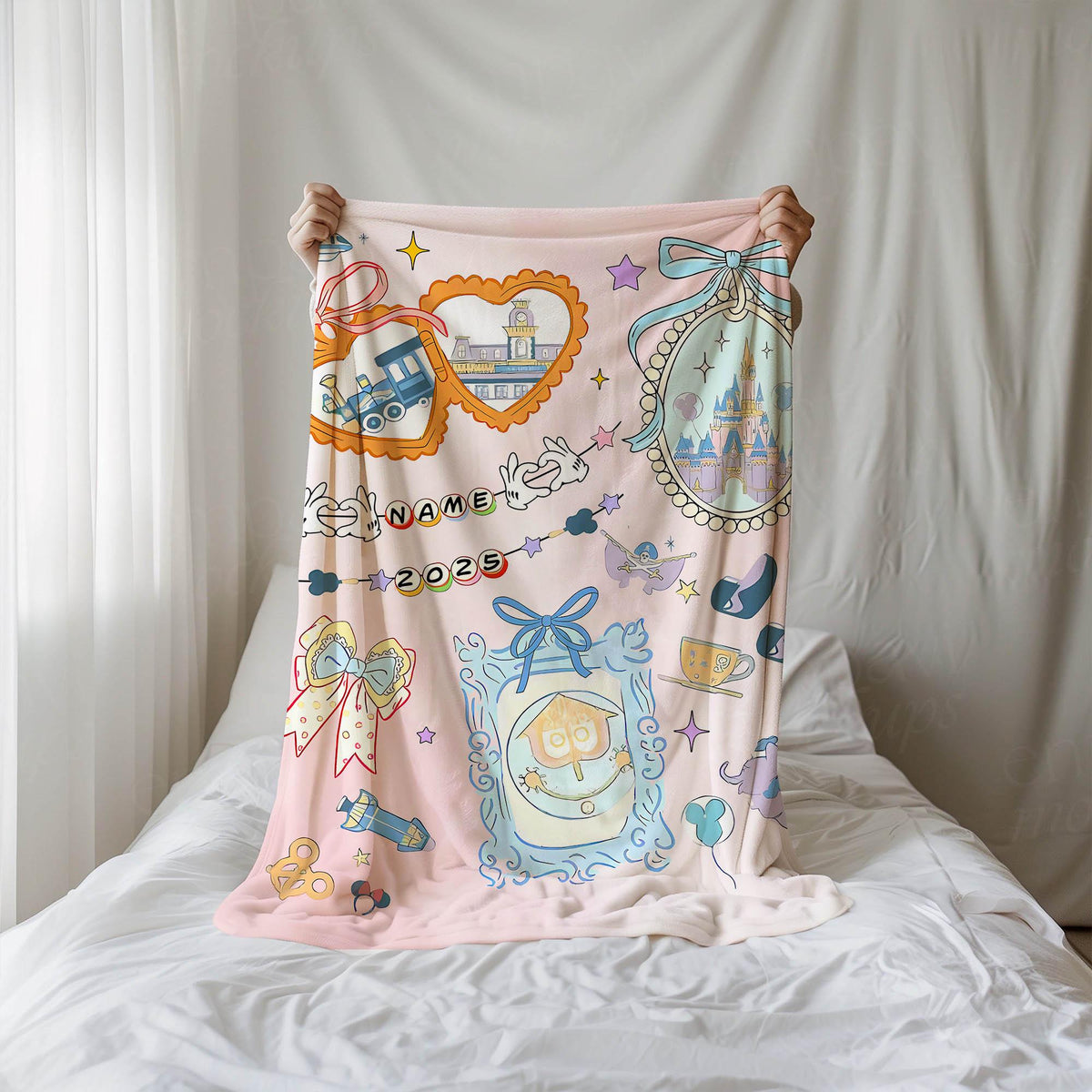 Custom Coquette Bow Disney Castle Magic Kingdom Blanket, Walt Disney World Blanket, Magic Kingdom Family Vacation throw, Disney Girl Trip