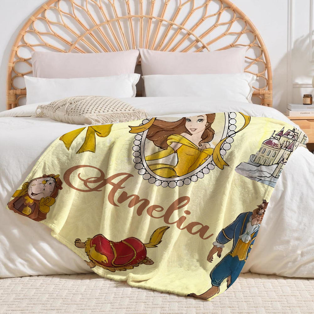 Custom Disney Belle Princess Blanket, Disney Frame Coquette Bows Throw, Disneyland Birthday Girl, Belle Blanket, Beauty and Beast Blankets