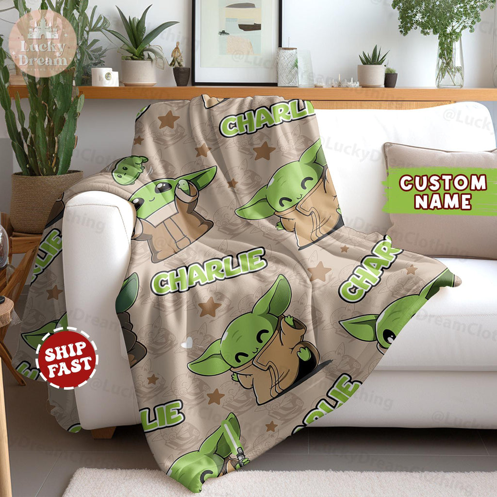 Custom Name Baby Yoda Blanket, Star Wars Blanket, Star Wars Characters Blanket, Birthday Gift, Gift For Boy and Girl, Gift for Star Wars Fan