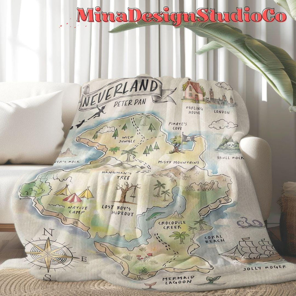 Never Grow Up Disney Peter Pan Neverland Map Blanket, Peter Pan Wendy Tinker Bell Neverland Gift, Captain Hook Pirate Family Home Decoration