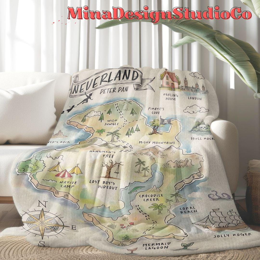 Never Grow Up Disney Peter Pan Neverland Map Blanket, Peter Pan Wendy Tinker Bell Neverland Gift, Captain Hook Pirate Family Home Decoration