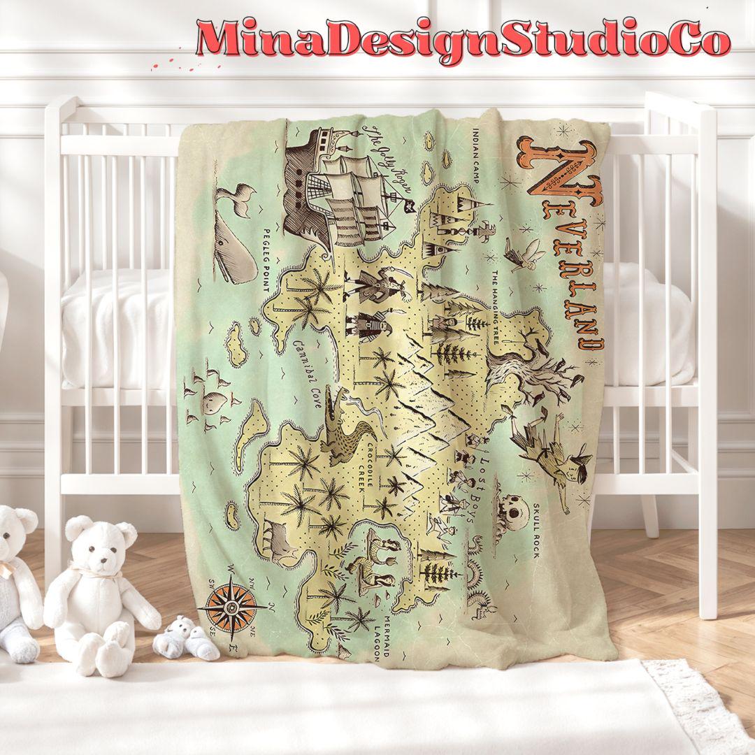 Never Grow Up Disney Peter Pan Neverland Map Blanket, Peter Pan Wendy Tinker Bell Neverland Gift, Captain Hook Pirate Family Home Decoration