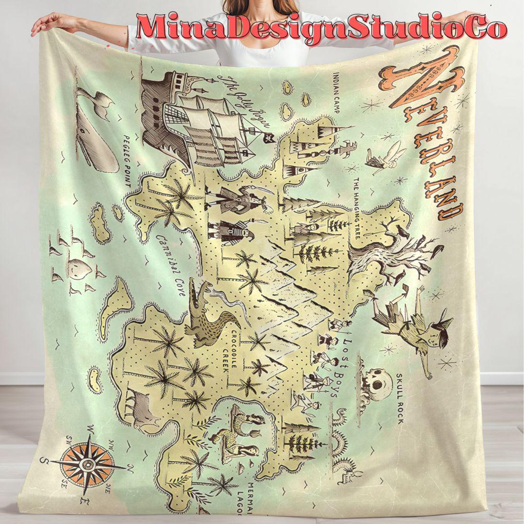 Never Grow Up Disney Peter Pan Neverland Map Blanket, Peter Pan Wendy Tinker Bell Neverland Gift, Captain Hook Pirate Family Home Decoration