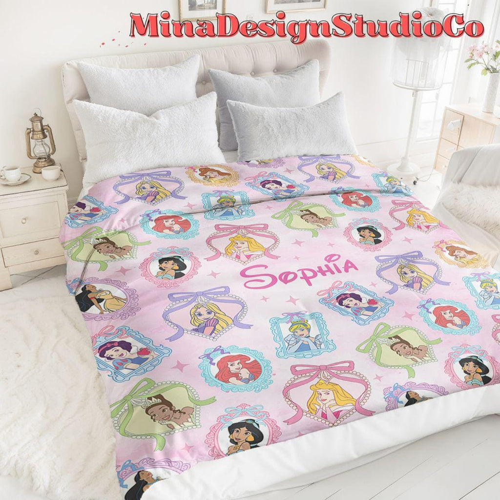 Personalized Coquette Bow Disney Princess Blanket, Cinderella Princess Rapunzel Birthday Girl Gift Home Decor, Custom Name Baby Girl Blanket