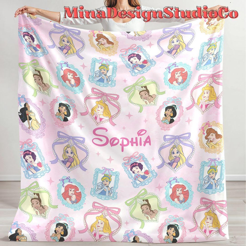 Personalized Coquette Bow Disney Princess Blanket, Cinderella Princess Rapunzel Birthday Girl Gift Home Decor, Custom Name Baby Girl Blanket